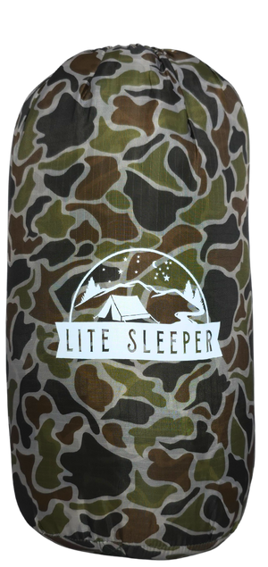 Camouflage-patterned sleeping bag with 'Lite Sleeper' logo on a white background